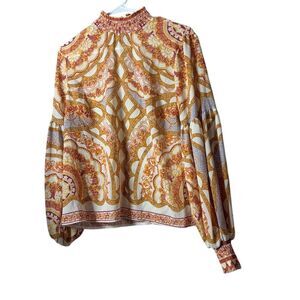 Perfectly Priscilla Orange Paisley Mock Neck Puff Sleeve Blouse JT8534-PP Medium